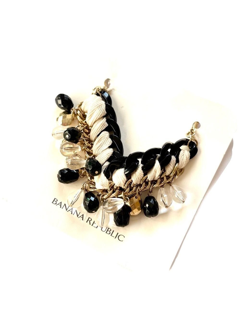 Banana Republic Black Cream Woven Chain Bead Bracelet NWT